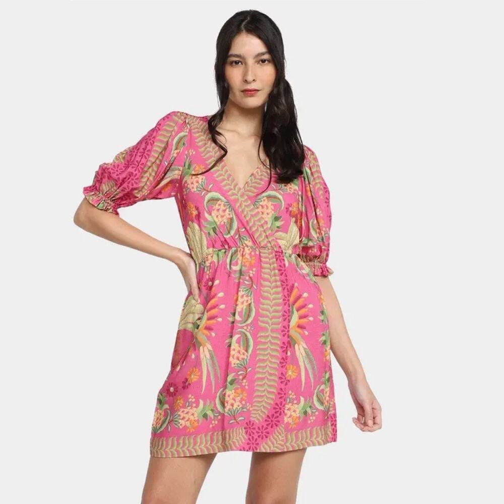 Farm Rio Tropical Faux Wrap Puff Sleeve Mini Dress Size XS Resort Wear Botanical